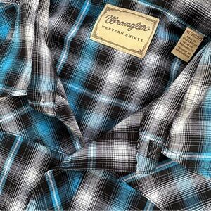 Wrangler Western Long Sleeve Button Up Shirt Cowboy Rodeo Blue Plaid Pearl Snaps